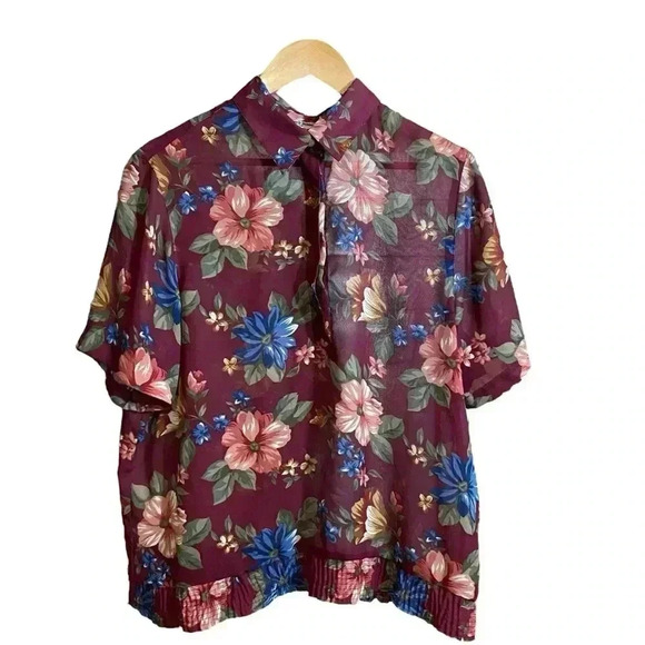 VGT ALFRED DUNNER Women's Dress Blouse Floral Print Elastic Hem Burgundy Size 16 - Picture 1 of 11